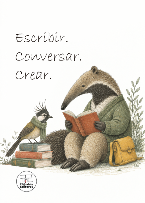 Ilustración de un oso hormiguero con suéter verde que lee un libro rojo junto a un pájaro posado sobre una pila de libros, bajo las palabras «Escribir. Conversar. Crear.»