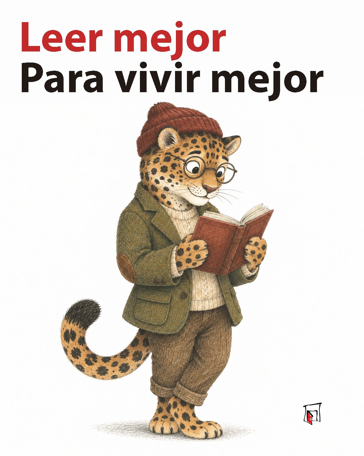 Ilustración de un jaguar con gorro de lana rojo, gafas redondas, chaqueta de tweed verde y pantalón marrón, que lee de pie un libro de tapas rojas bajo el lema «Leer mejor, para vivir mejor».
