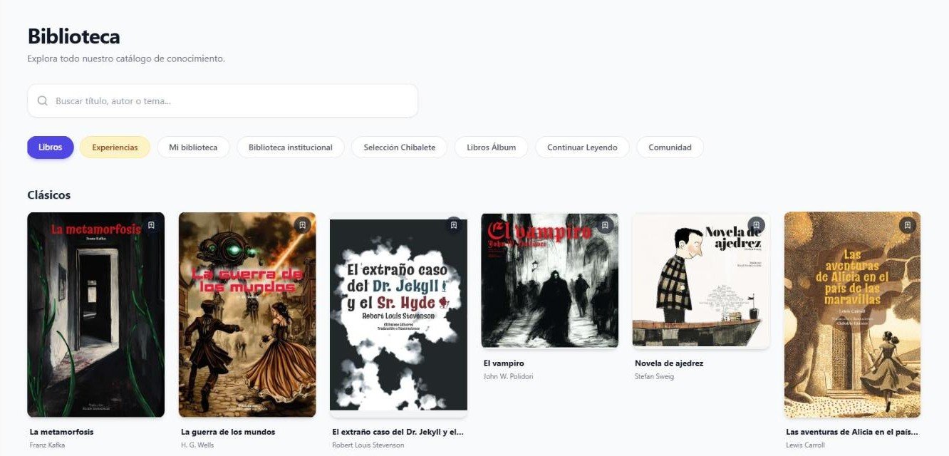 Captura de la Biblioteca de Chibalete+: buscador, filtros por tipo de contenido y la fila de Clásicos con portadas como La metamorfosis, La guerra de los mundos y El extraño caso del Dr. Jekyll y el Sr. Hyde.