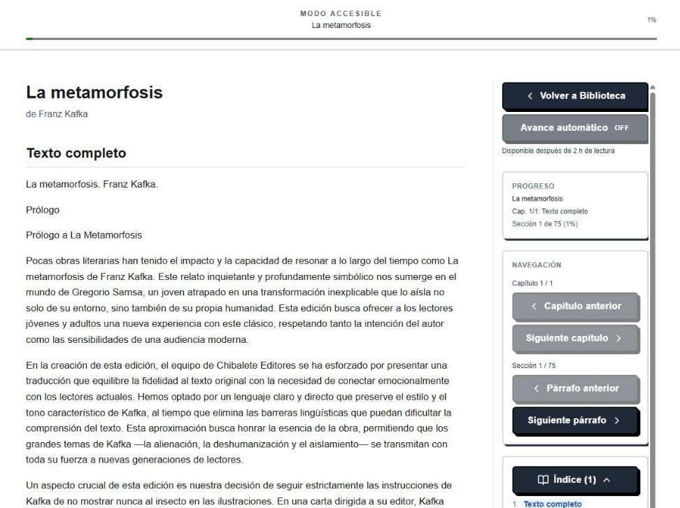 Captura del modo accesible de La metamorfosis: el texto en una columna clara y un panel lateral con el progreso, la navegación por capítulo y por párrafo y el índice.