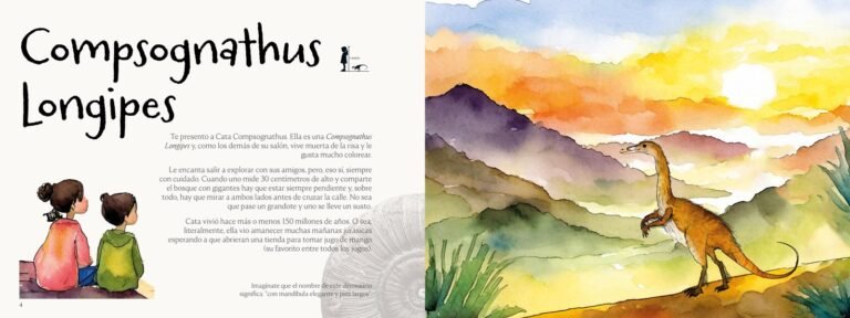 Página interior de «Dinosaurios (en orden de estatura)»: ficha del Compsognathus longipes, el más pequeño del libro