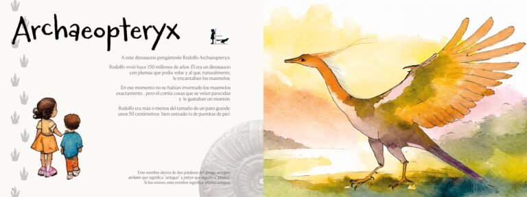 Página interior de «Dinosaurios (en orden de estatura)»: ficha del Archaeopteryx, con las alas desplegadas