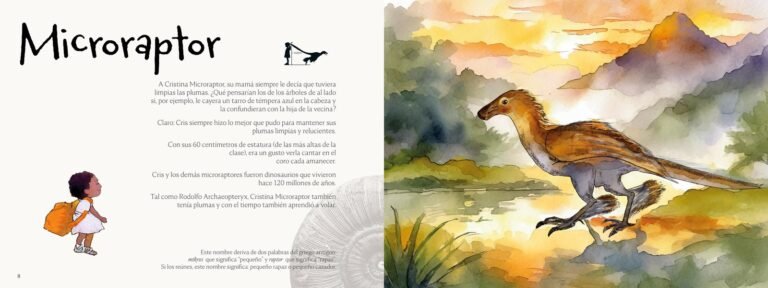 Página interior de «Dinosaurios (en orden de estatura)»: ficha del Microraptor, de cuatro alas