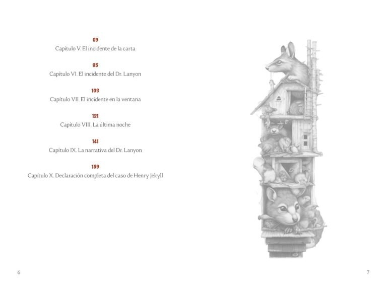 Página interior de «El extraño caso del Dr. Jekyll y el Sr. Hyde»: segunda página del sumario, junto a una ilustración de la casa de Hyde