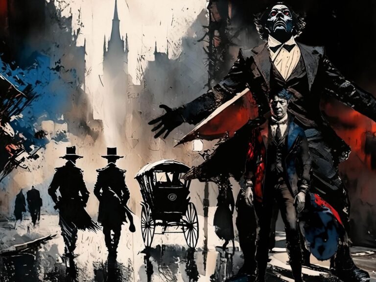 Página interior de «El extraño caso del Dr. Jekyll y el Sr. Hyde»: ilustración a doble página: una figura de rojo en una calle de Londres