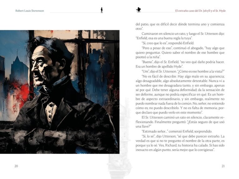 Página interior de «El extraño caso del Dr. Jekyll y el Sr. Hyde»: retrato de un caballero victoriano, junto al texto del capítulo I