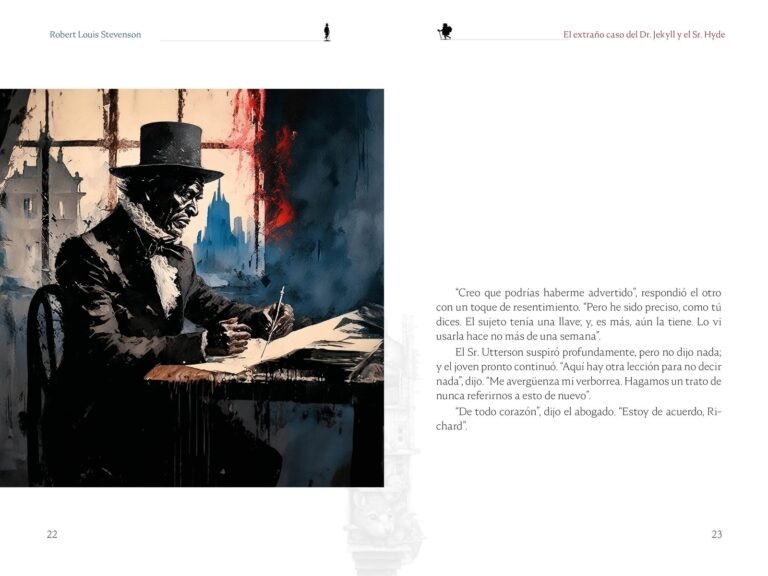Página interior de «El extraño caso del Dr. Jekyll y el Sr. Hyde»: un hombre escribe en su despacho, junto al texto del capítulo I
