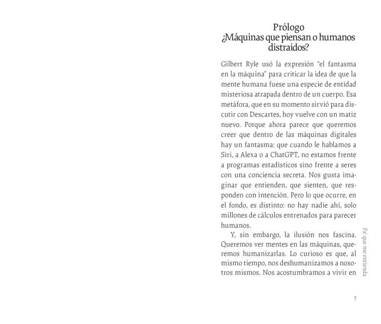 Página interior de «El fantasma en la máquina»: primera página del prólogo, «¿Máquinas que piensan o humanos distraídos?»