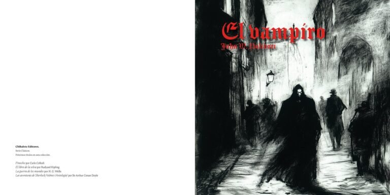 Página interior de «El vampiro»: portadilla del relato sobre fondo negro, junto a la página de créditos