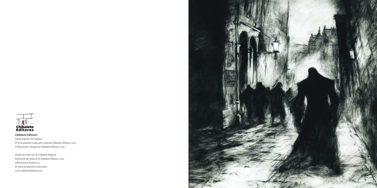 Página interior de «El vampiro»: una silueta encapotada avanza por un callejón, ilustración a doble página