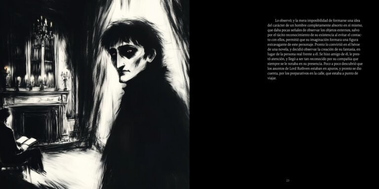 Página interior de «El vampiro»: retrato en carboncillo de un rostro pálido, junto al texto del relato