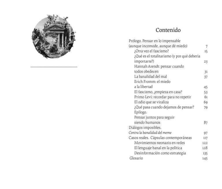 Página interior de «Fascismo, totalitarismo y otras formas para no pensar»: sumario del libro, junto a una ilustración de un monumento en ruinas