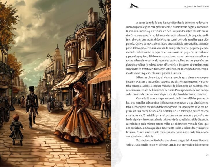 Página interior de «La guerra de los mundos»: una calle victoriana al atardecer, con un hombre de espaldas