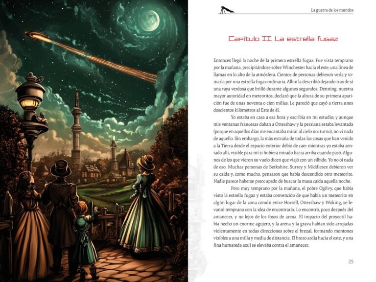 Página interior de «La guerra de los mundos»: el cielo surcado por la estrella fugaz, al abrir el capítulo II
