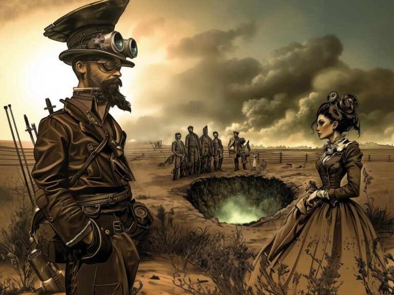 Página interior de «La guerra de los mundos»: un soldado con gafas de aviador y una mujer junto al foso del cilindro
