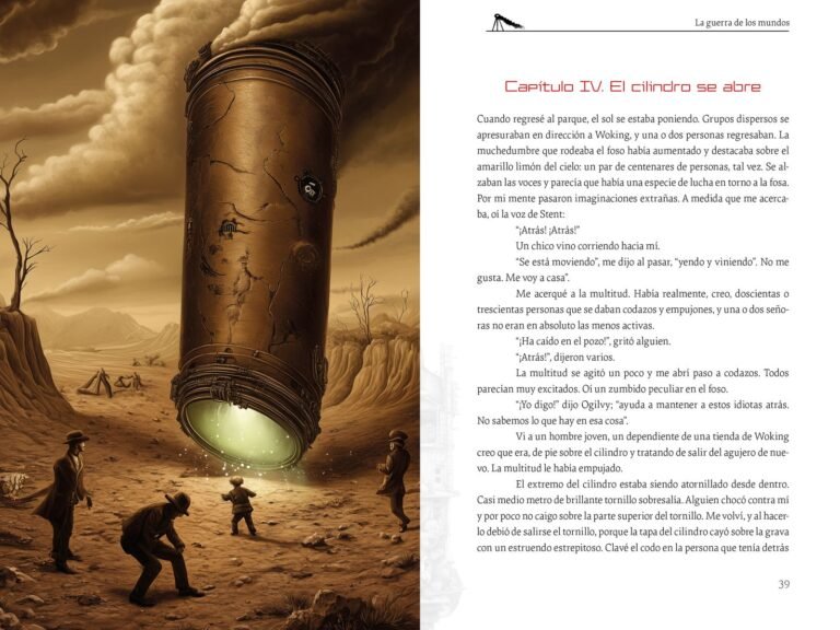 Página interior de «La guerra de los mundos»: el cilindro marciano abierto en el foso, al comenzar el capítulo IV