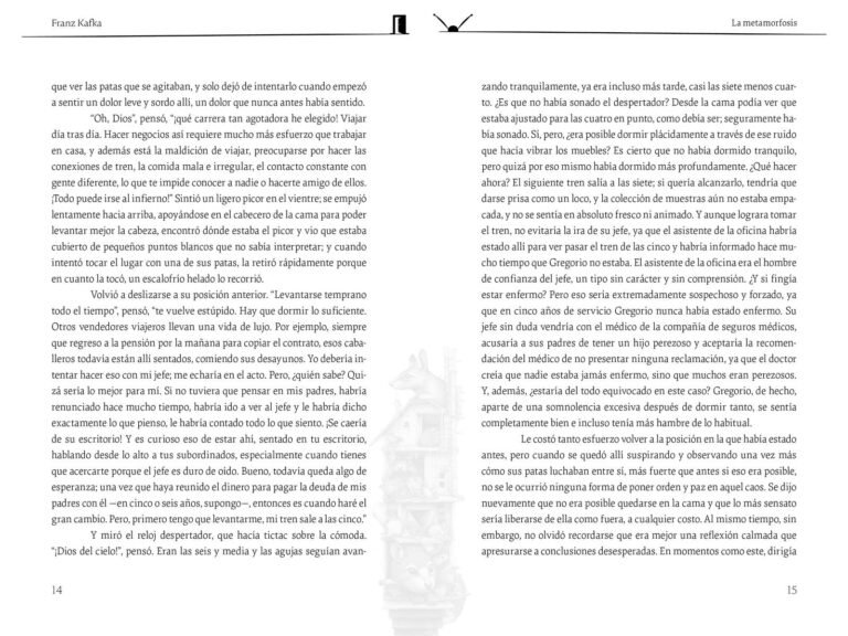 Página interior de «La metamorfosis»: páginas interiores del relato, en la composición a dos columnas