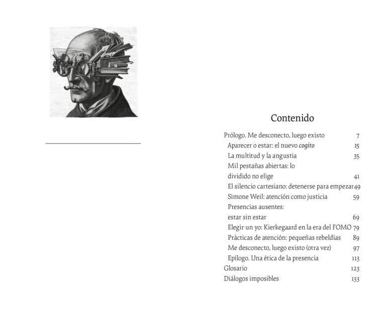 Página interior de «Me desconecto, luego existo»: sumario del libro, junto a la ilustración de una cabeza atravesada por una máquina