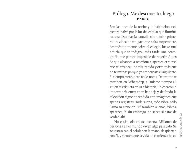 Página interior de «Me desconecto, luego existo»: primera página del prólogo, «Me desconecto, luego existo»