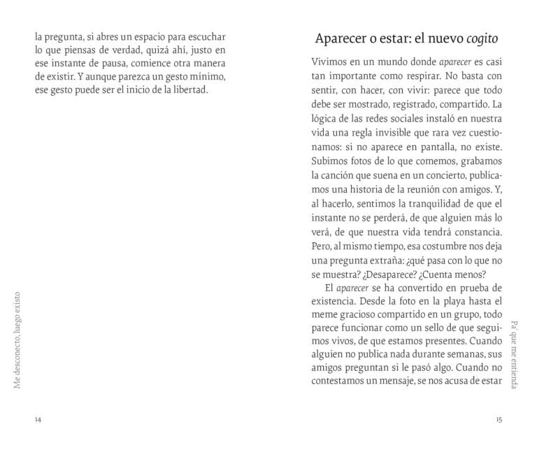 Página interior de «Me desconecto, luego existo»: apertura del capítulo «Aparecer o estar: el nuevo cogito»