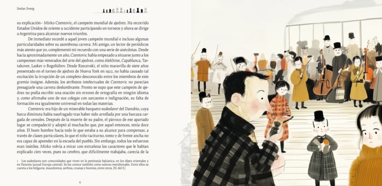 Página interior de «Novela de ajedrez»: el pasaje reunido en la cubierta del transatlántico, al abrir el relato
