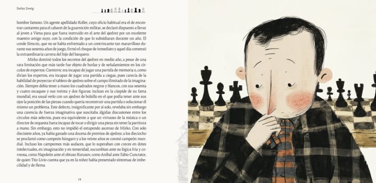 Página interior de «Novela de ajedrez»: retrato del campeón Czentovic entre las piezas de un tablero