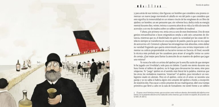 Página interior de «Novela de ajedrez»: un pasajero de barba y copa de licor en el salón del barco