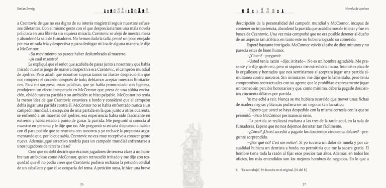 Página interior de «Novela de ajedrez»: dos caballeros de sombrero de copa ante un tablero de ajedrez