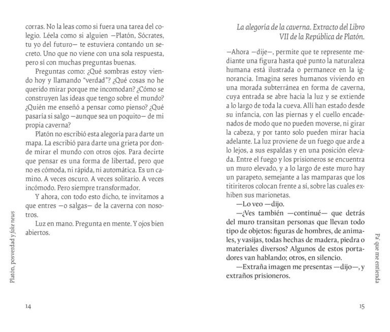 Página interior de «Platón, posverdad y fake news»: el extracto del libro VII de la República junto al comentario