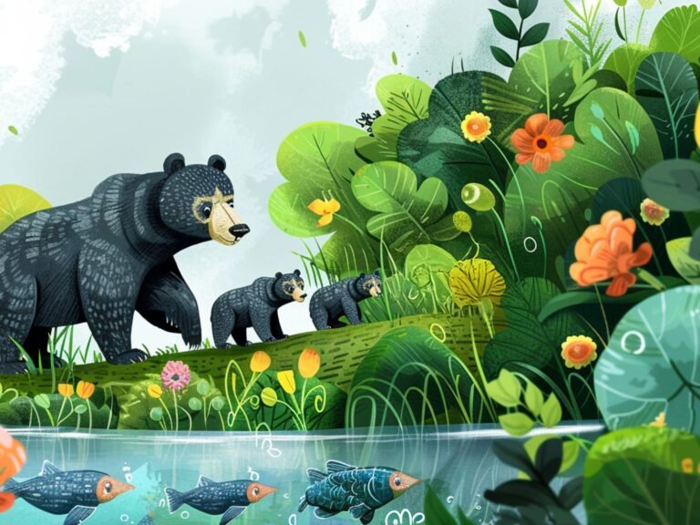 Página interior de «Sol de los venados»: la familia de osos junto al agua, con peces bajo la superficie